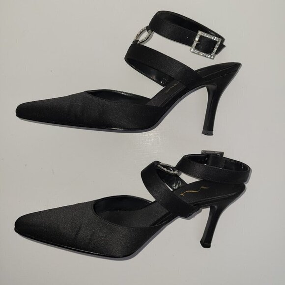 Nina Black Sateen Ankle Strap Heels W/Rhinestone Embellishment Women's Size 6.5 - Picture 9 of 13